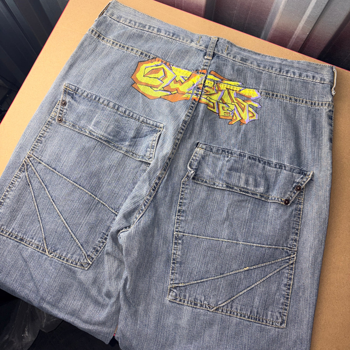 Cowest Blue Graffiti Japanese Denim Hip Hop Y2K Baggy Jeans - 34S