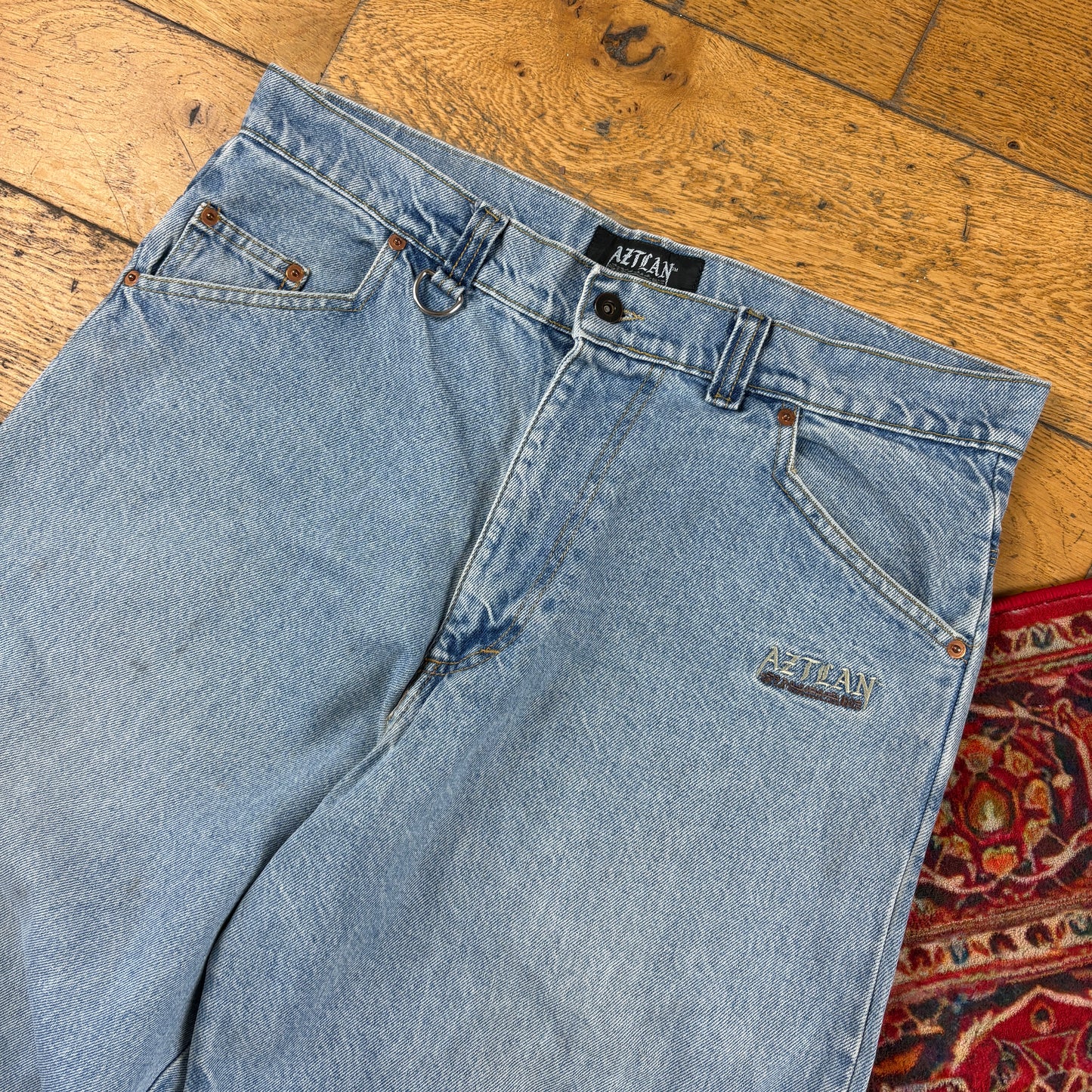 Vintage Aztlan Blue Carpenter Embroidered JNCO Style Y2K Baggy Jeans - 36