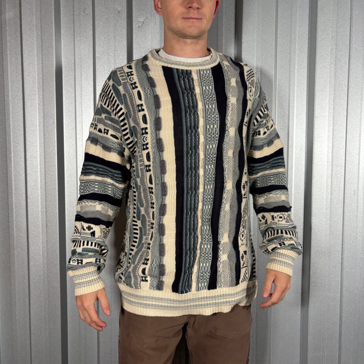 Coogi Style Crazy Funky Knit Cream Blue Jumper - L