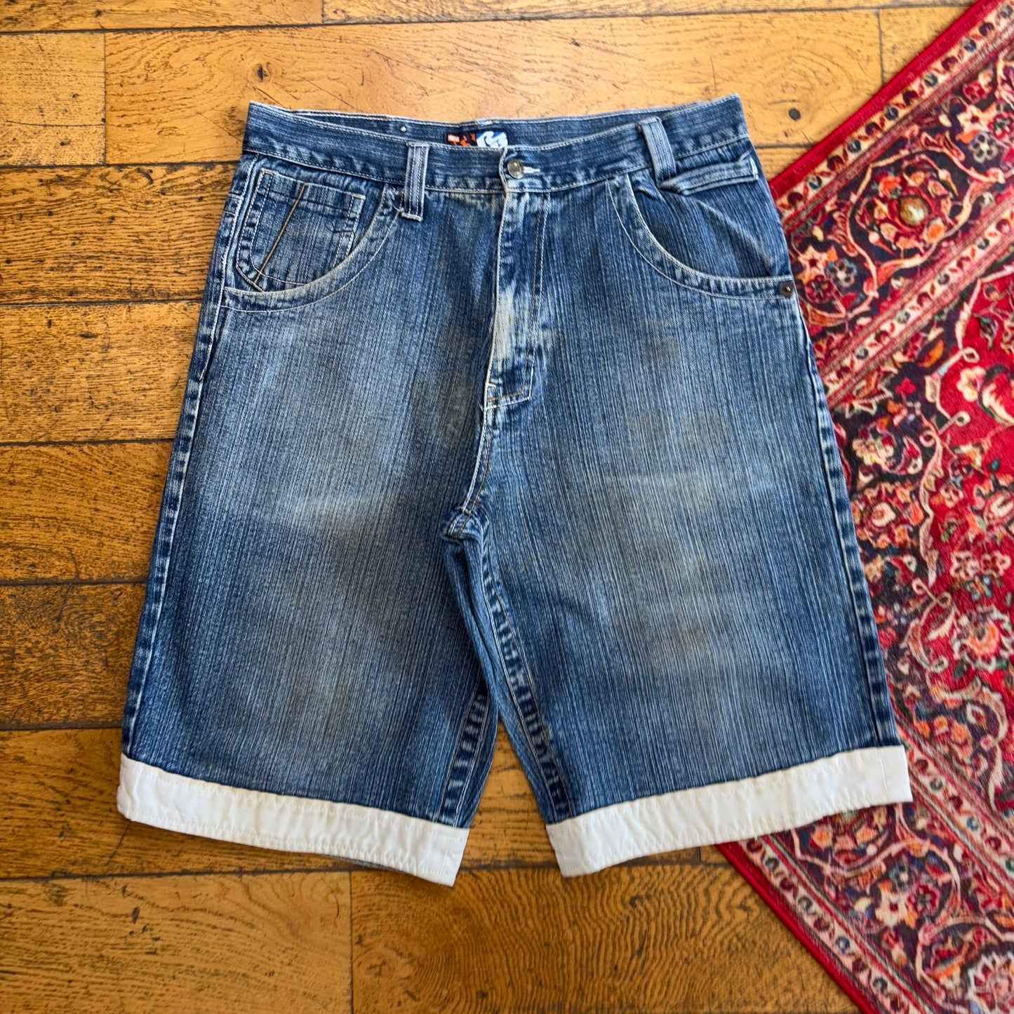 Vintage Raw Blue Embroidered Hip Hop Baggy Shorts Jorts - 34