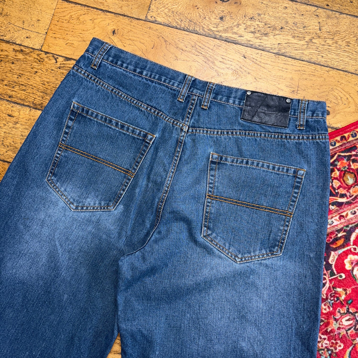 Vintage Blue Embroidered Y2K Hip Hop Baggy Jeans Shorts Jorts - 40