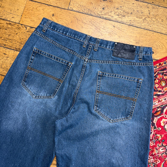 Vintage Blue Embroidered Y2K Hip Hop Baggy Jeans Shorts Jorts - 40