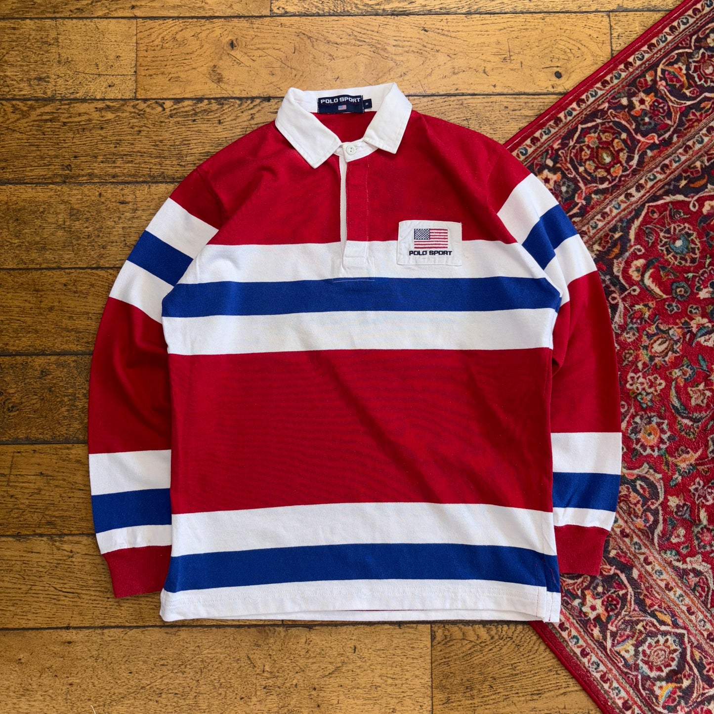 Vintage Polo Sport Ralph Lauren Red Blue Stripe Embroidered Rugby Polo Shirt - M