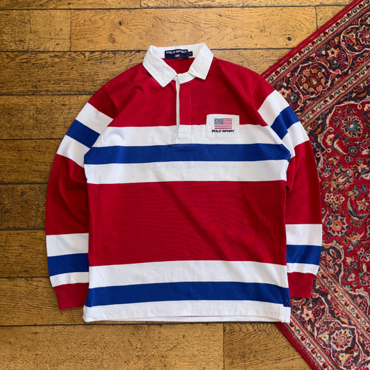 Vintage Polo Sport Ralph Lauren Red Blue Stripe Embroidered Rugby Polo Shirt - M
