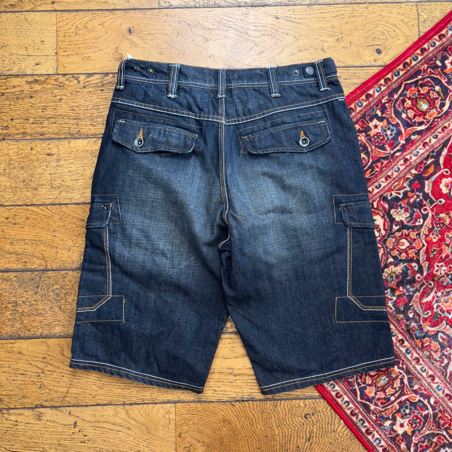 Vintage Embroidered Hip Hop Cargo Navy Baggy Shorts Jorts - 32