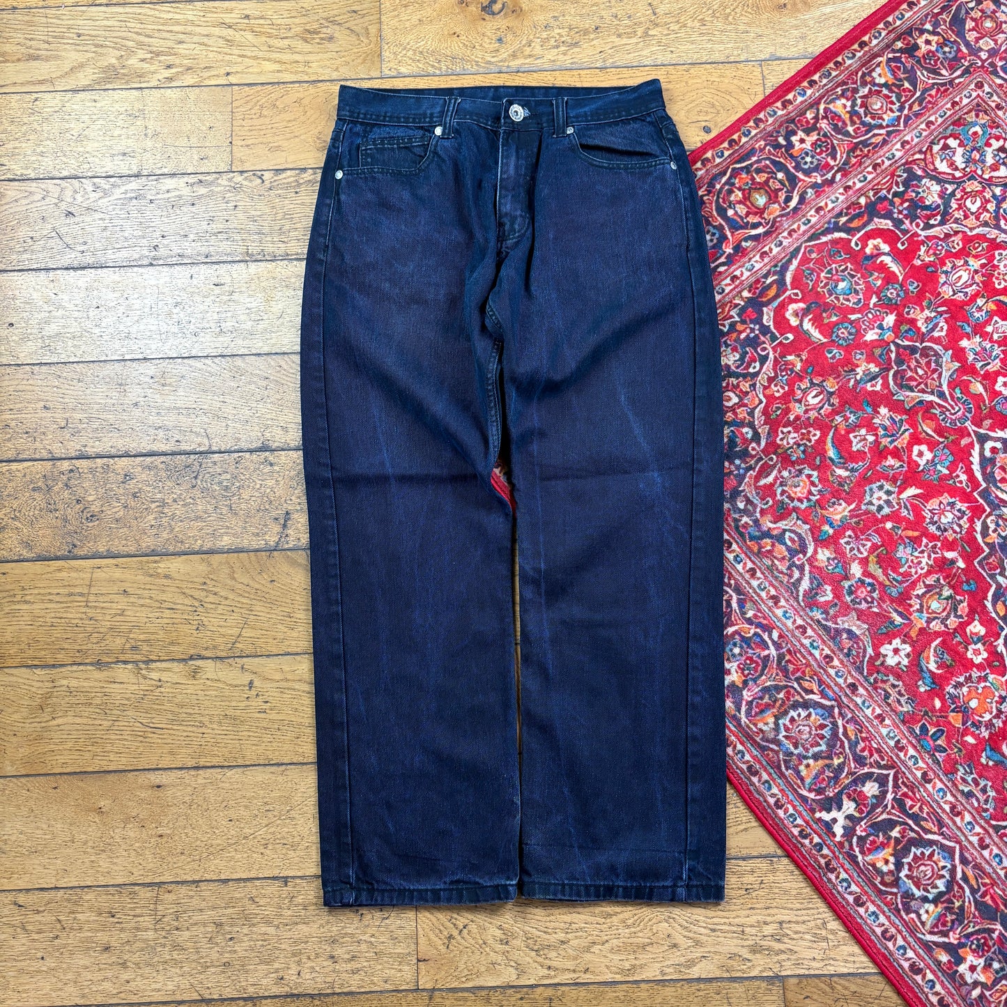 Vintage Blue Embroidered Y2K Hip Hop Baggy Jeans - 34