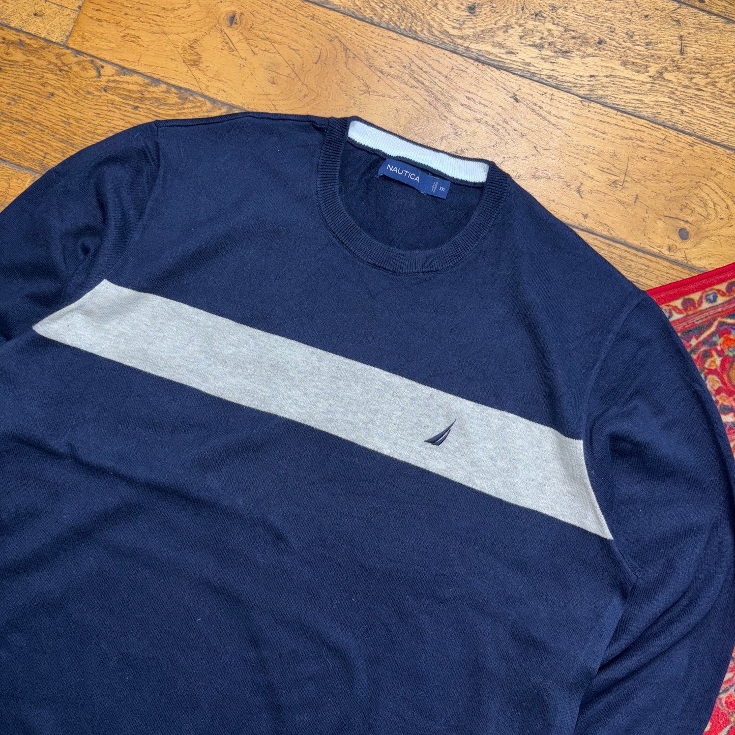 Vintage Nautica Navy Grey Stripe Embroidered Knit Jumper - 2XL