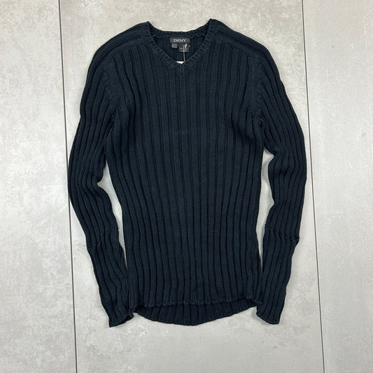 Vintage DKNY Chunky Cable Ribbed Knit Navy Black Jumper - S