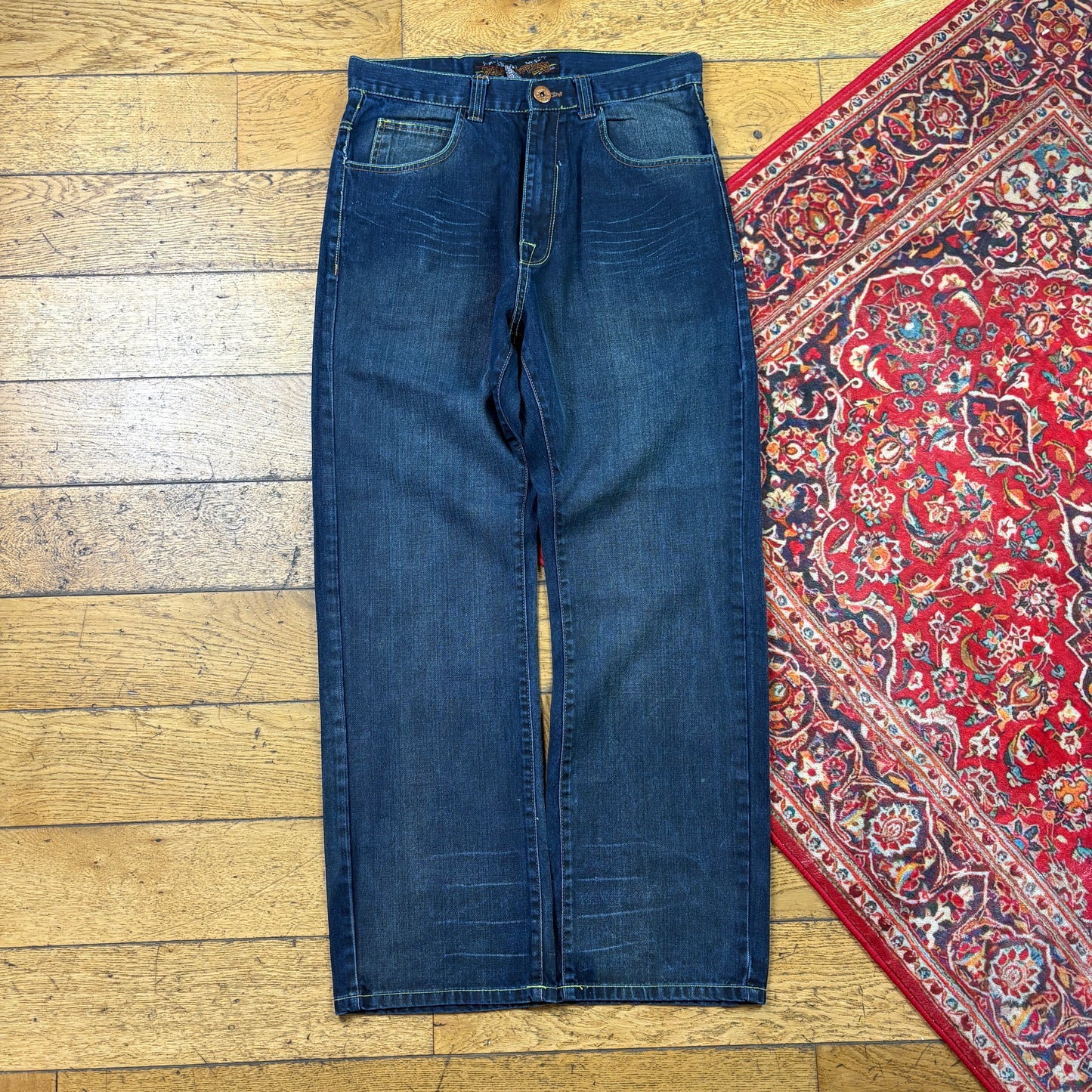Vintage Blue Embroidered Y2K Hip Hop Baggy Jeans - 32
