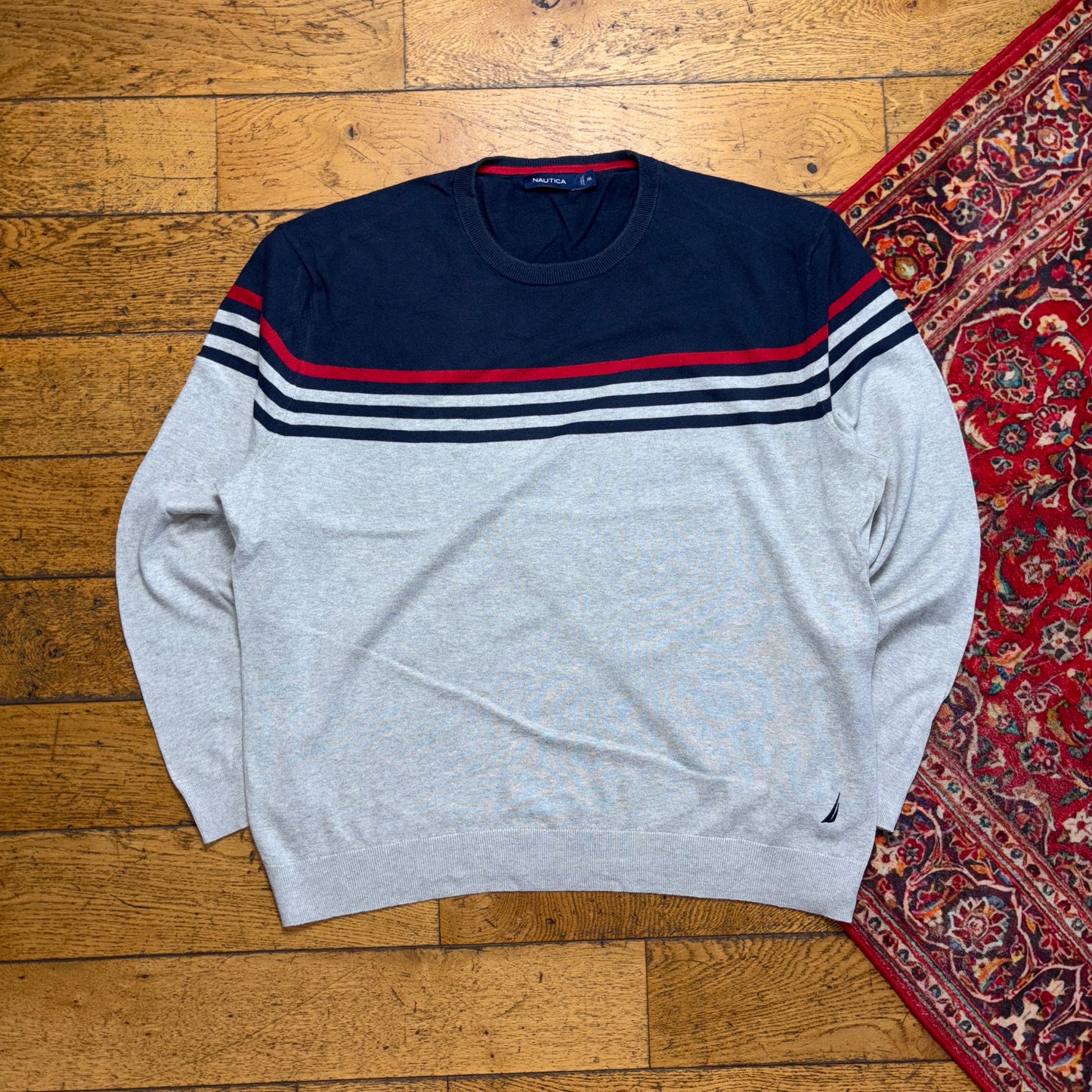 Vintage Nautica Grey Navy Stripe Embroidered Knit Jumper - 2XL