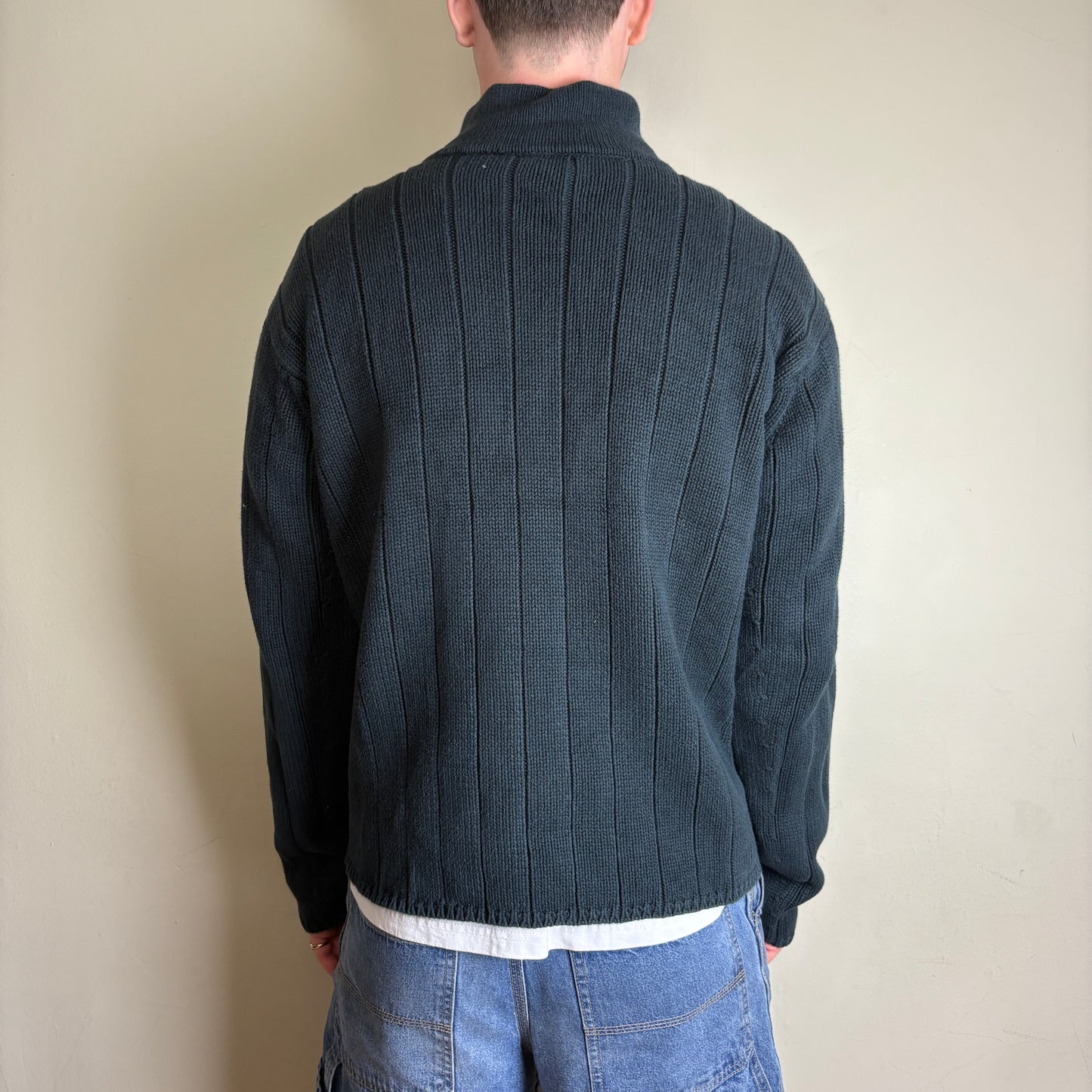 Vintage Ralph Lauren Black USA Flag Cable Quarter Zip Chunky Knit Jumper - L