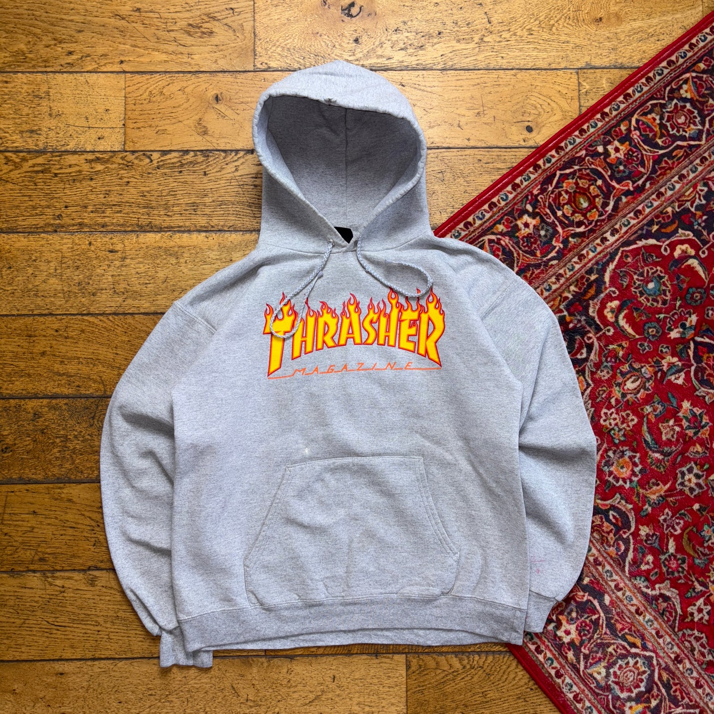 Vintage Thrasher Grey Flames Skate Hoodie Sweatshirt - S