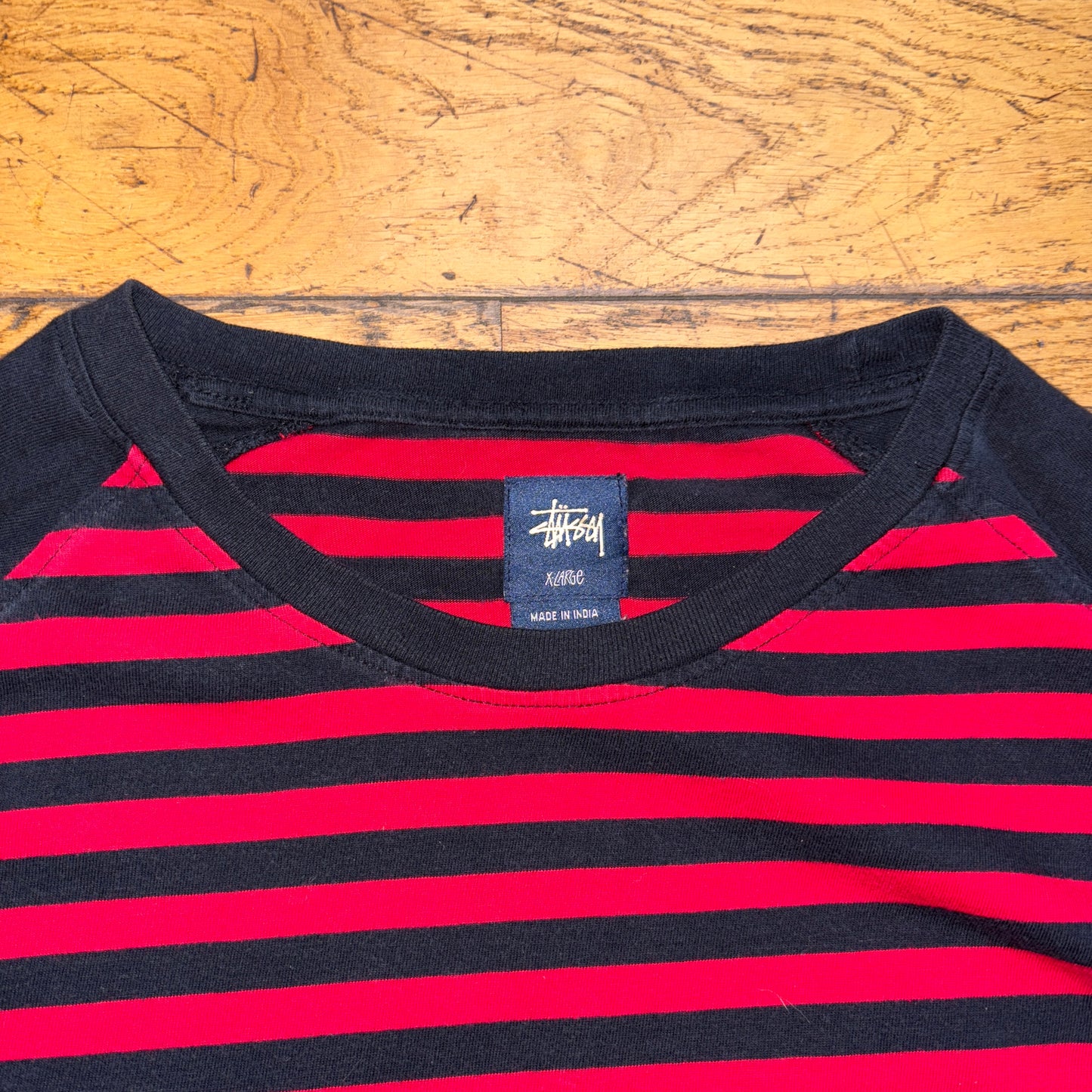 Vintage Stussy Red Black Stripe Long Sleeve Graphic T-Shirt - L