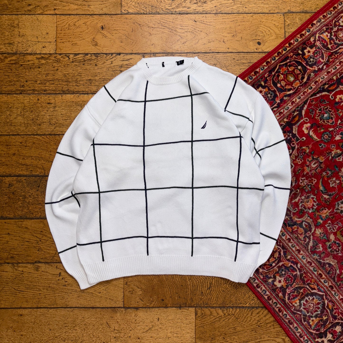 Vintage Nautica White Check Embroidered Knit Jumper - L