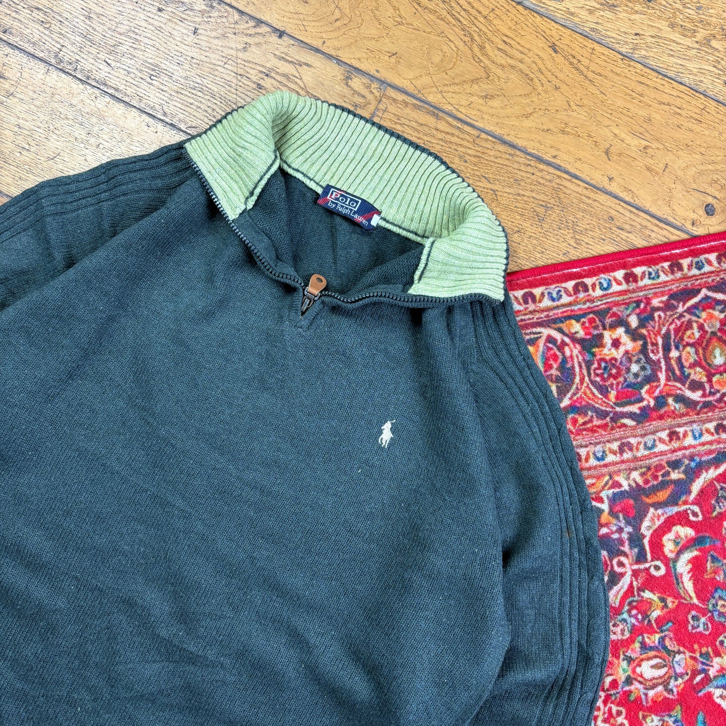 Vintage Ralph Lauren Green Wool Quarter Zip Chunky Knit Jumper - L