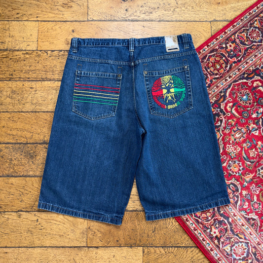 Vintage Akcess Blue Embroidered Y2K Hip Hop Baggy Jeans Shorts Jorts - 38