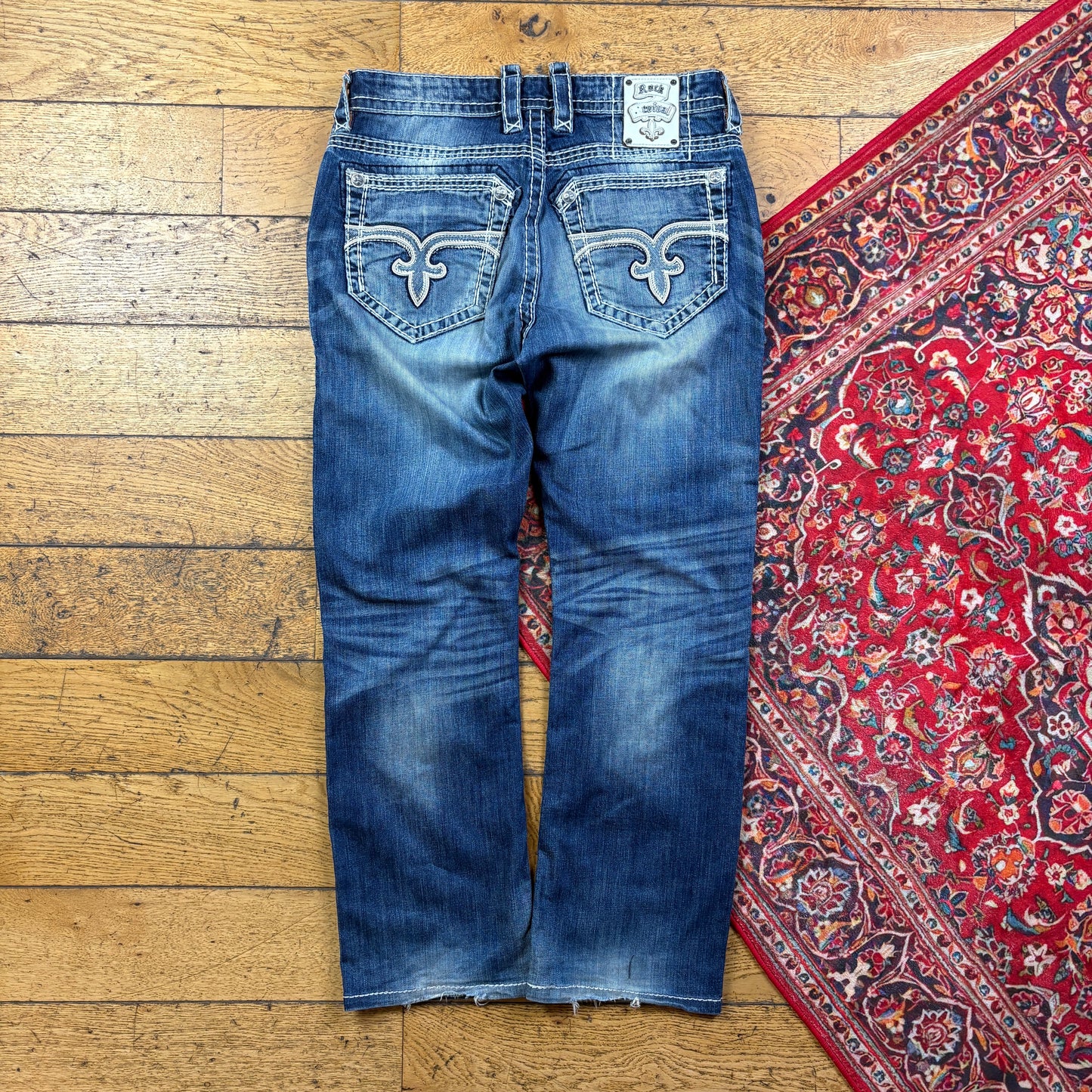 Vintage Rock Revival Blue Embroidered Y2K Hip Hop Straight Jeans - 38
