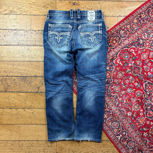 Vintage Rock Revival Blue Embroidered Y2K Hip Hop Straight Jeans - 38