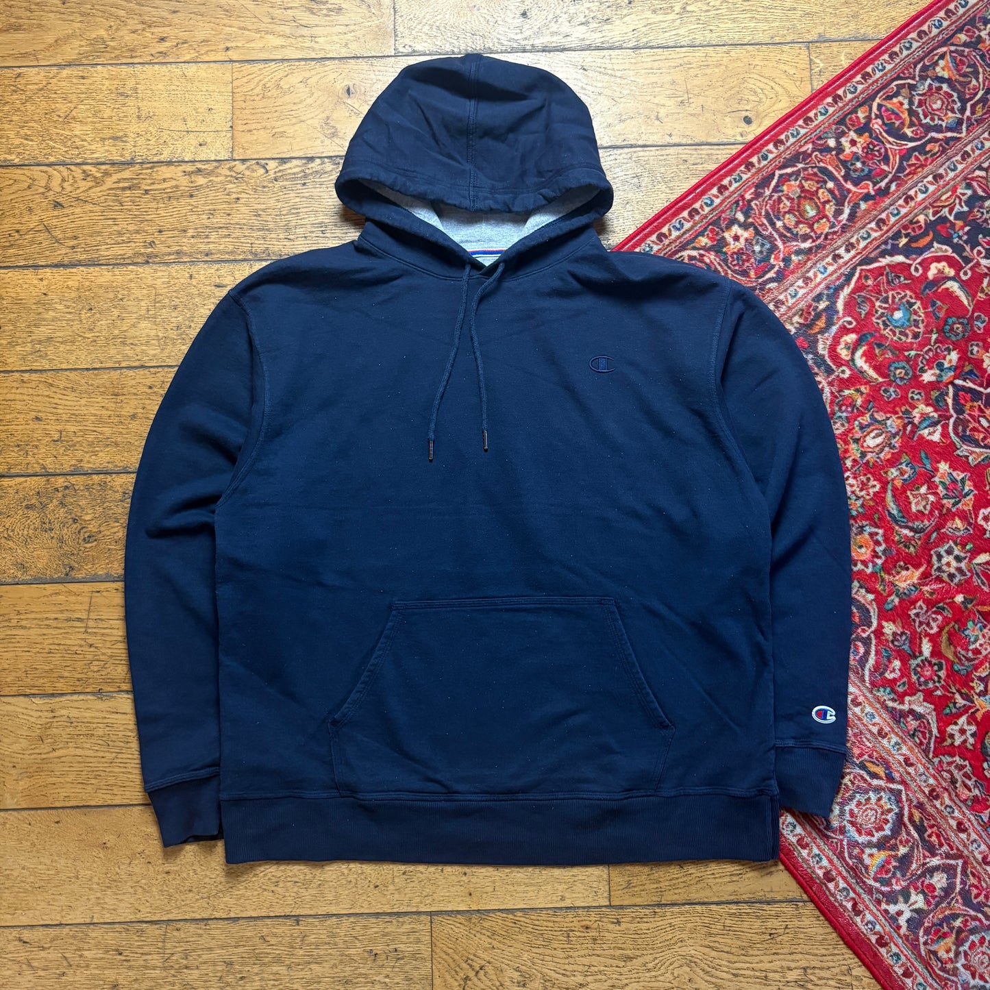 Vintage Champion Navy Hoodie Embroidered Sweatshirt - XL