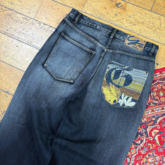 Vintage Black Embroidered Y2K Hip Hop Baggy Jeans - 34