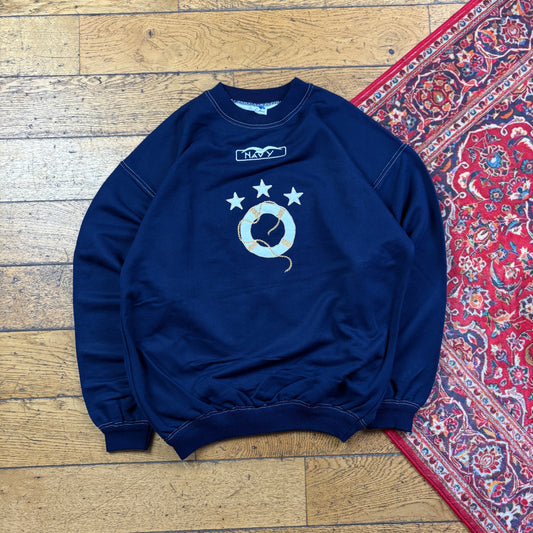 Vintage 90s Navy Sailing Yacht Embroidered Sweatshirt - L