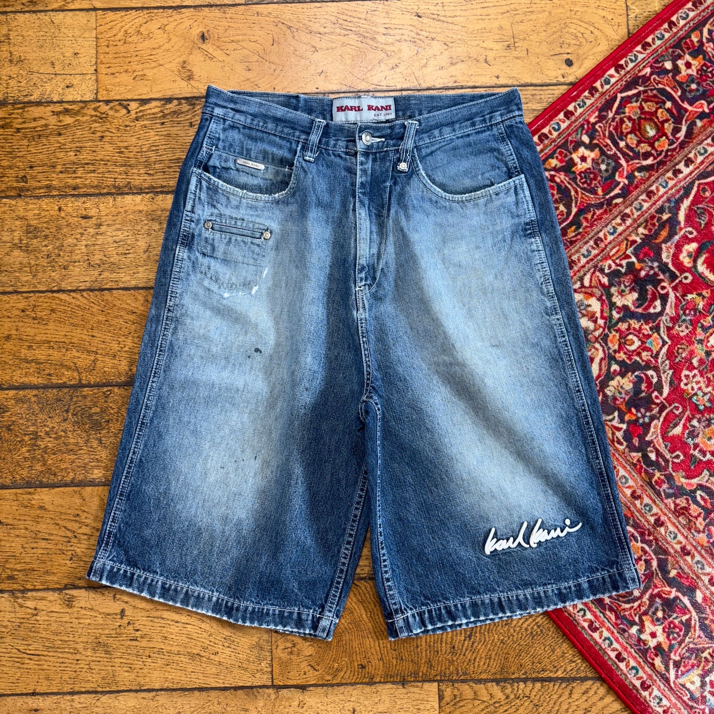 Vintage Karl Kani Blue Embroidered Y2K Hip Hop Baggy Jeans Shorts Jorts - 32