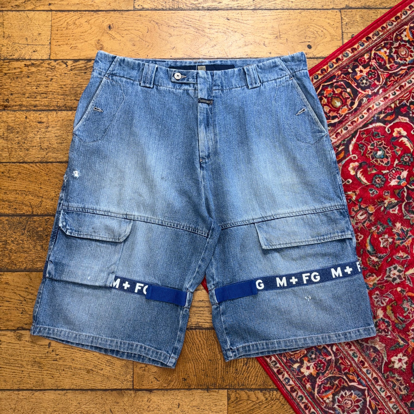 Vintage MFG Embroidered Blue Y2K Hip Hop Baggy Jeans Shorts Jorts - 38