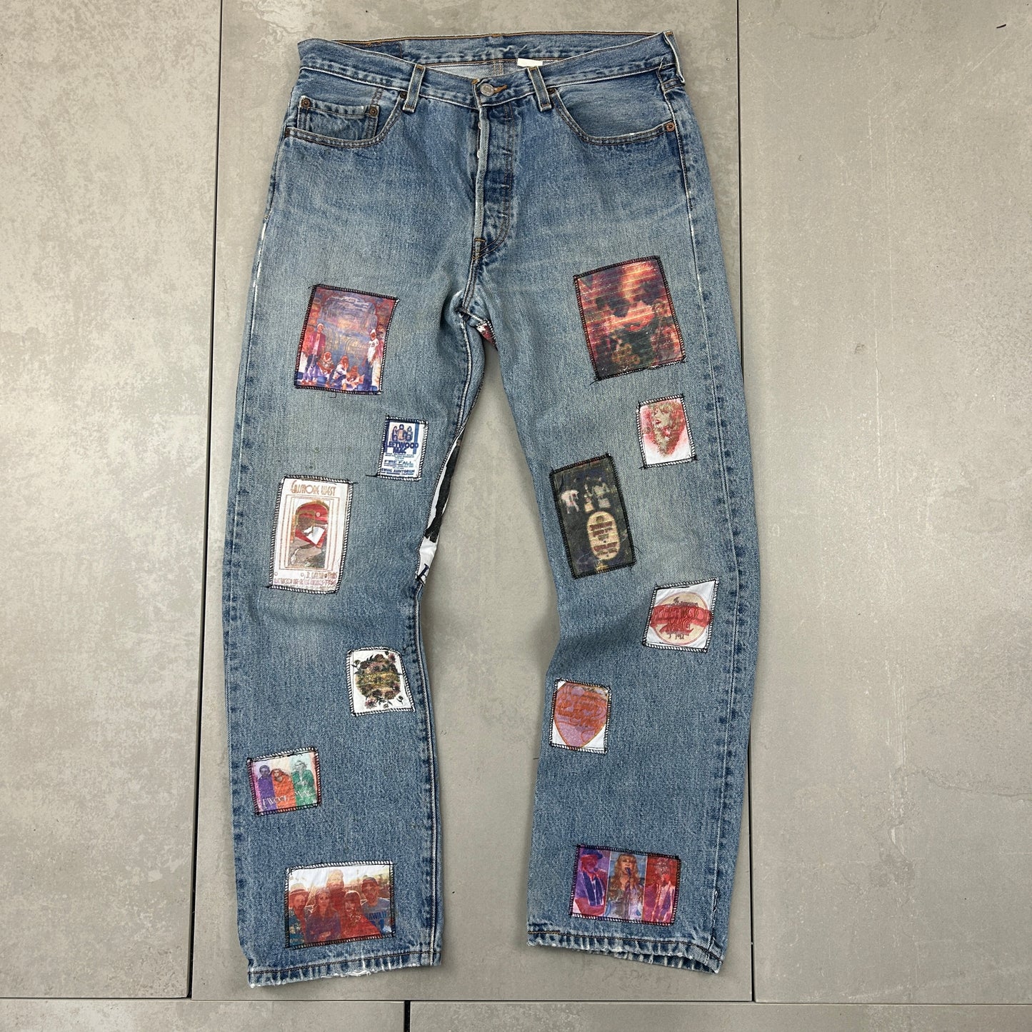 Vintage Levis 501 Patchwork Fleetwood Mac Blue Denim Straight Jeans - 34