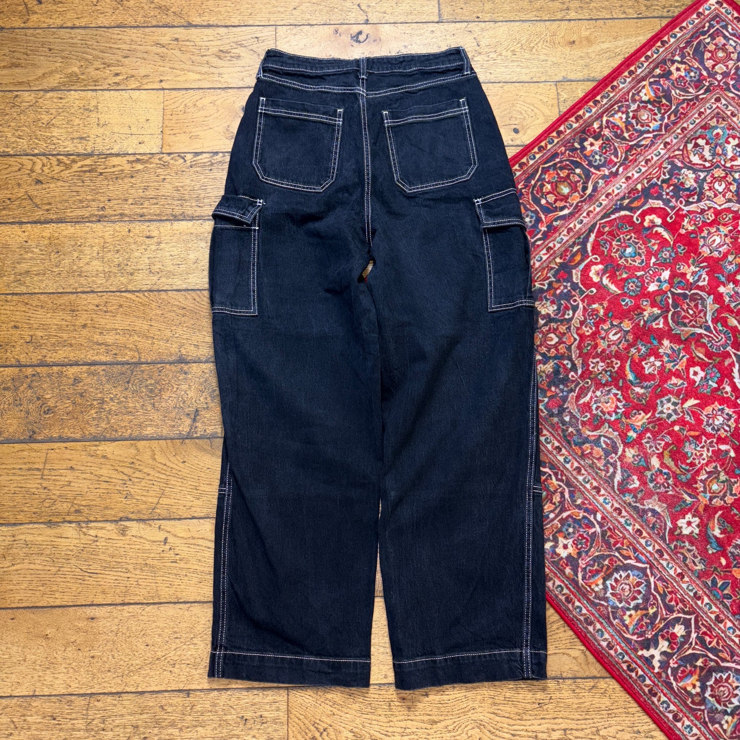Vintage Black Contrast Stitch Carpenter Workwear Baggy Trousers - 30S