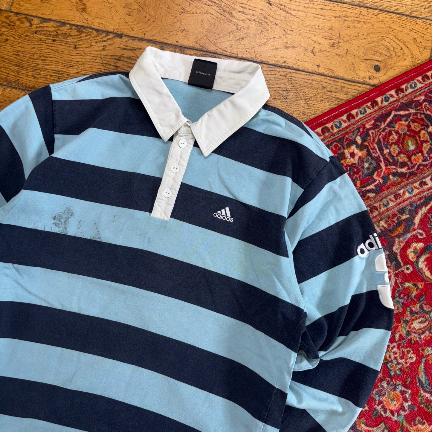 Vintage Adidas Blue Stripe Rugby Polo Shirt - M