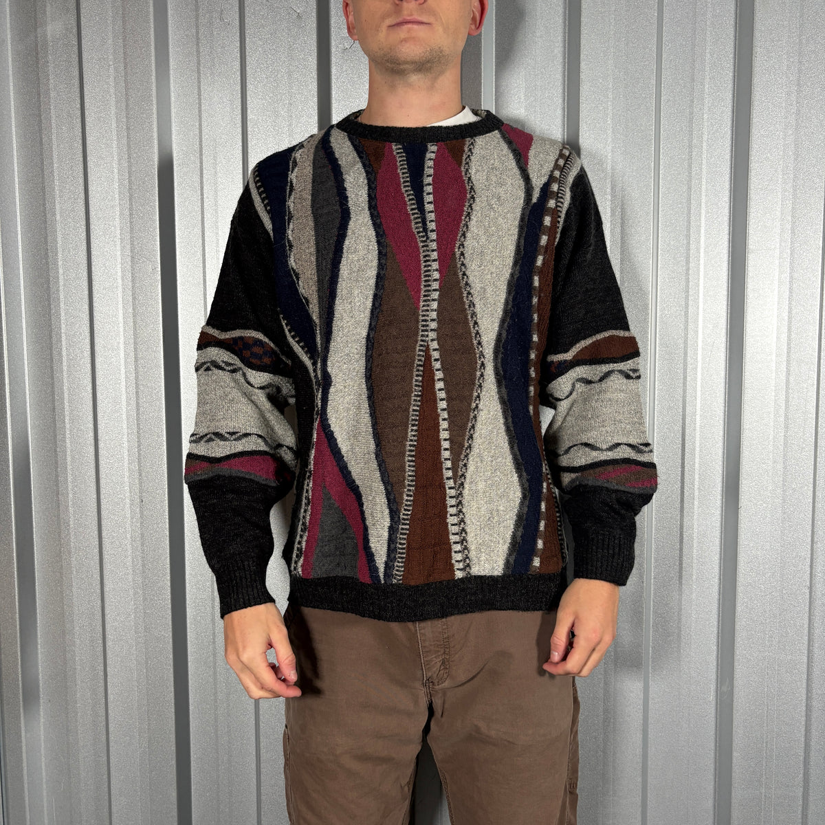 Coogi Style Funky Knit Merino Wool Black Pattern Jumper - M