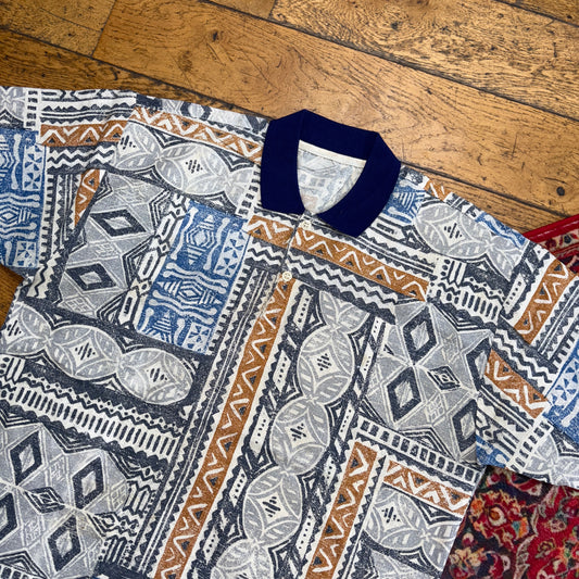 Vintage 90s Blue Grey Pattern Golf Polo Shirt - L