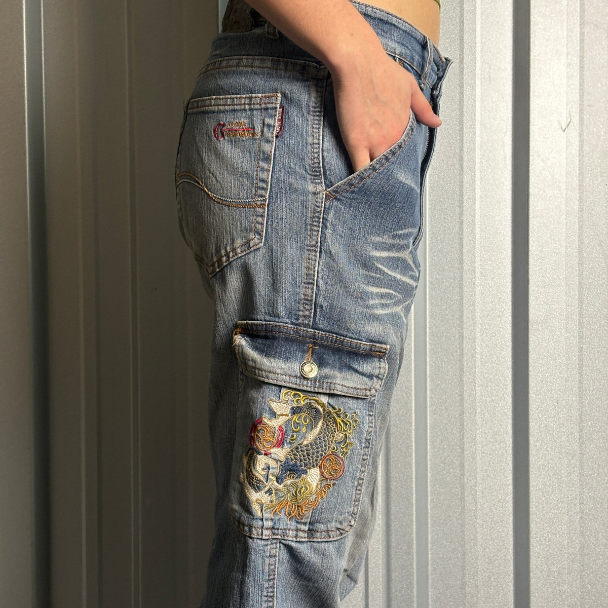 Embroidered Koi Fish Blue Cargo Japanese Denim Hip Hop Y2K Baggy Jeans - 30S