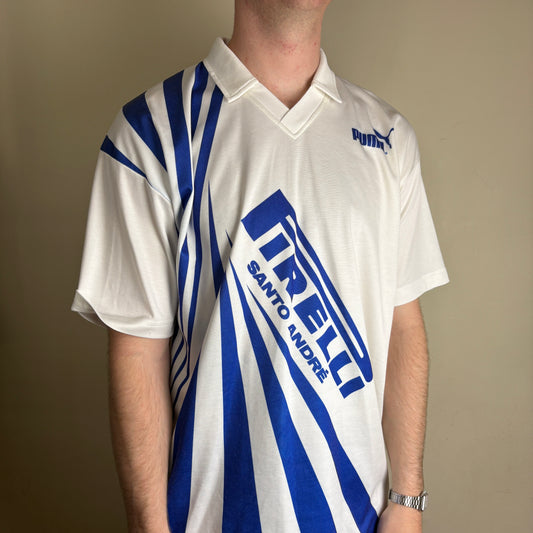 Vintage Puma Pirelli White Blue Football Polo Shirt - L