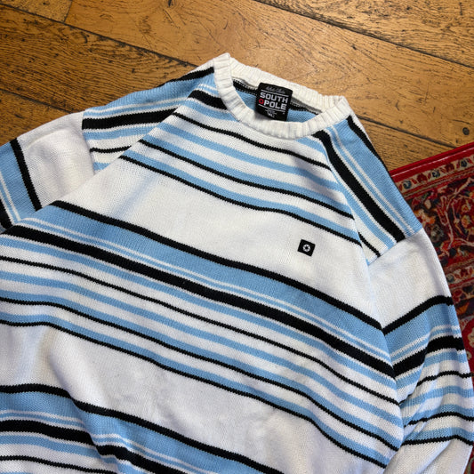 Vintage Southpole Blue White Stripe Hip Hop Chunky Knit Jumper - XL