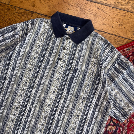 Vintage Grey Green 90s Pattern Golf Polo Shirt - L