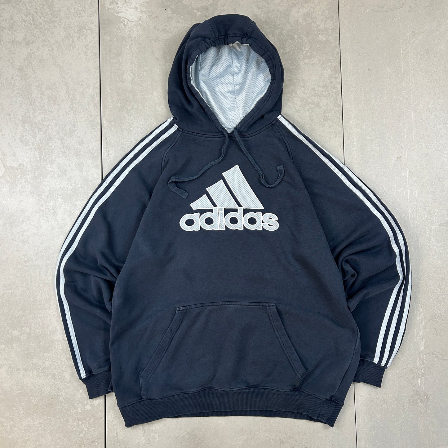 Vintage 00s Adidas Embroidered Stripe Big Logo Navy Hoodie - L