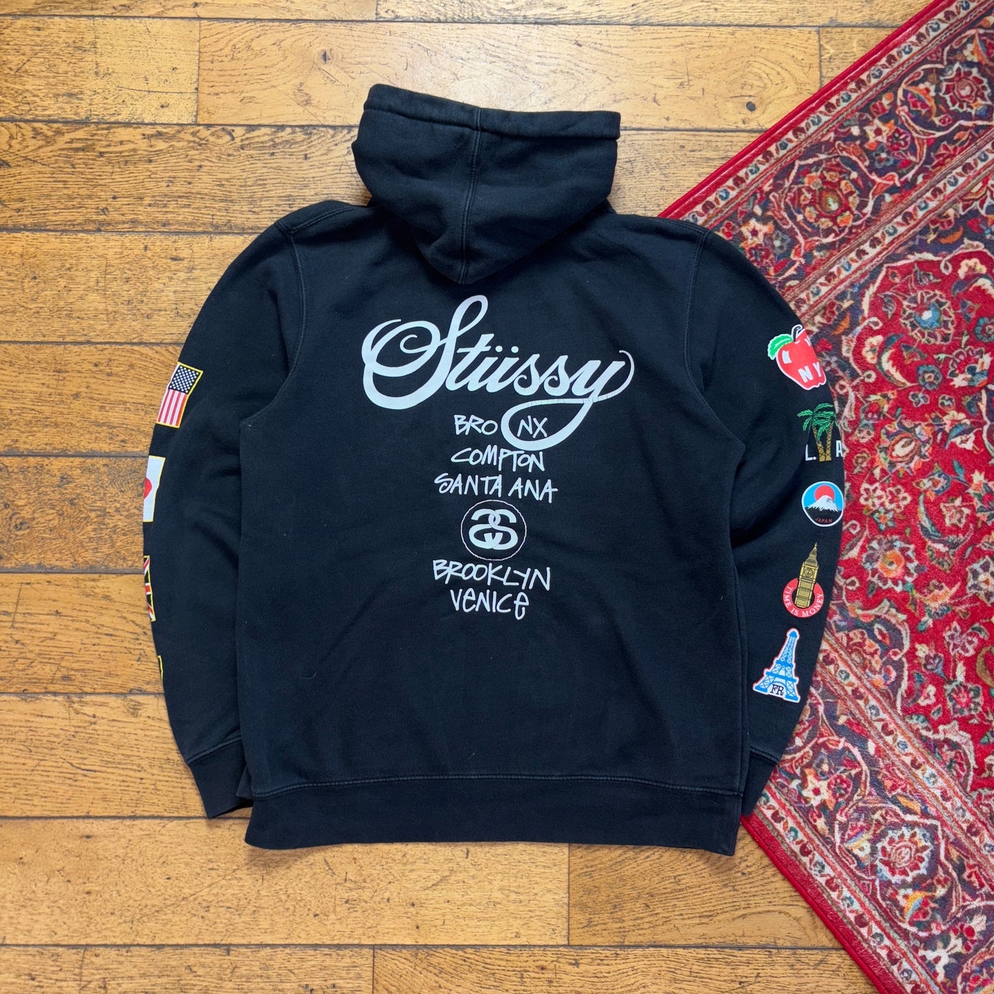 Vintage Stussy Black Hoodie Sweatshirt - L