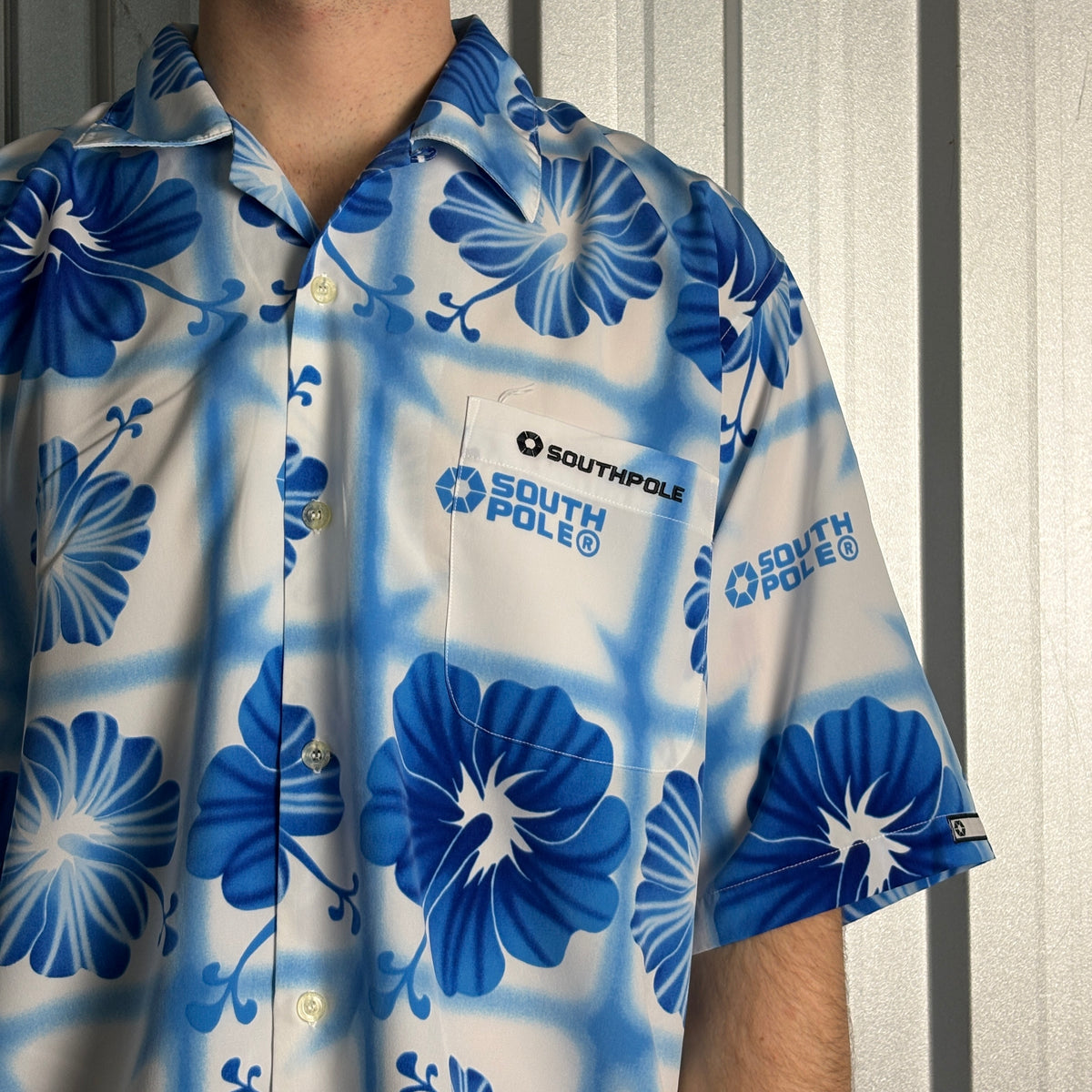 Southpole Hip Hop Hawaiian Blue Y2k 00s Embroidered Short Sleeve Shirt - L