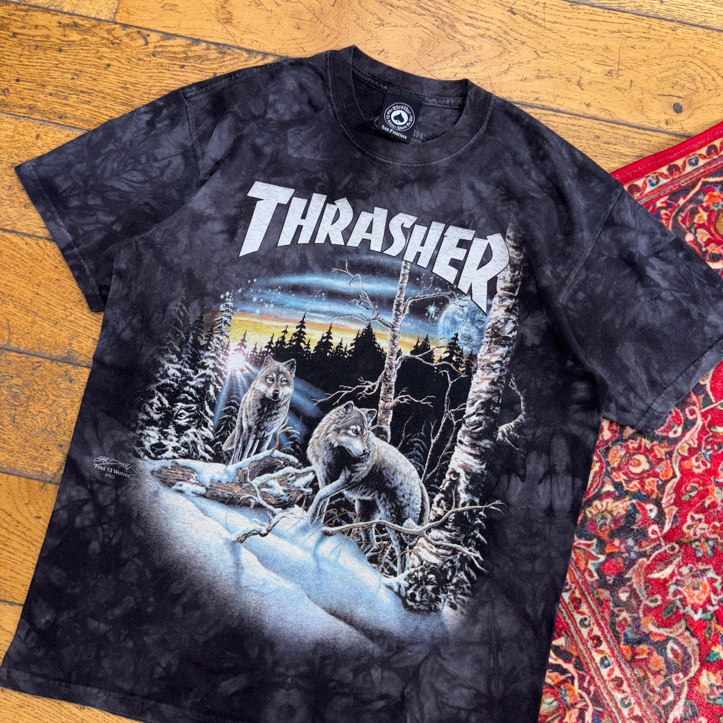 Vintage Thrasher Wolves Skate Tie Dye Black Grey Graphic T-Shirt - S