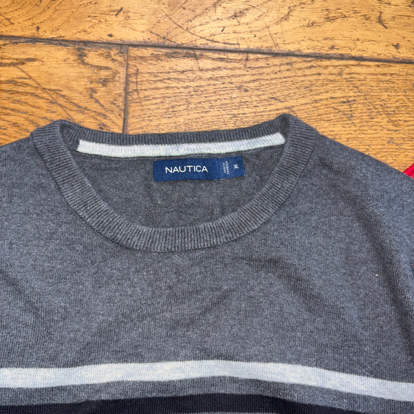 Vintage Nautica Stripe Black Grey Embroidered Knit Jumper - XL