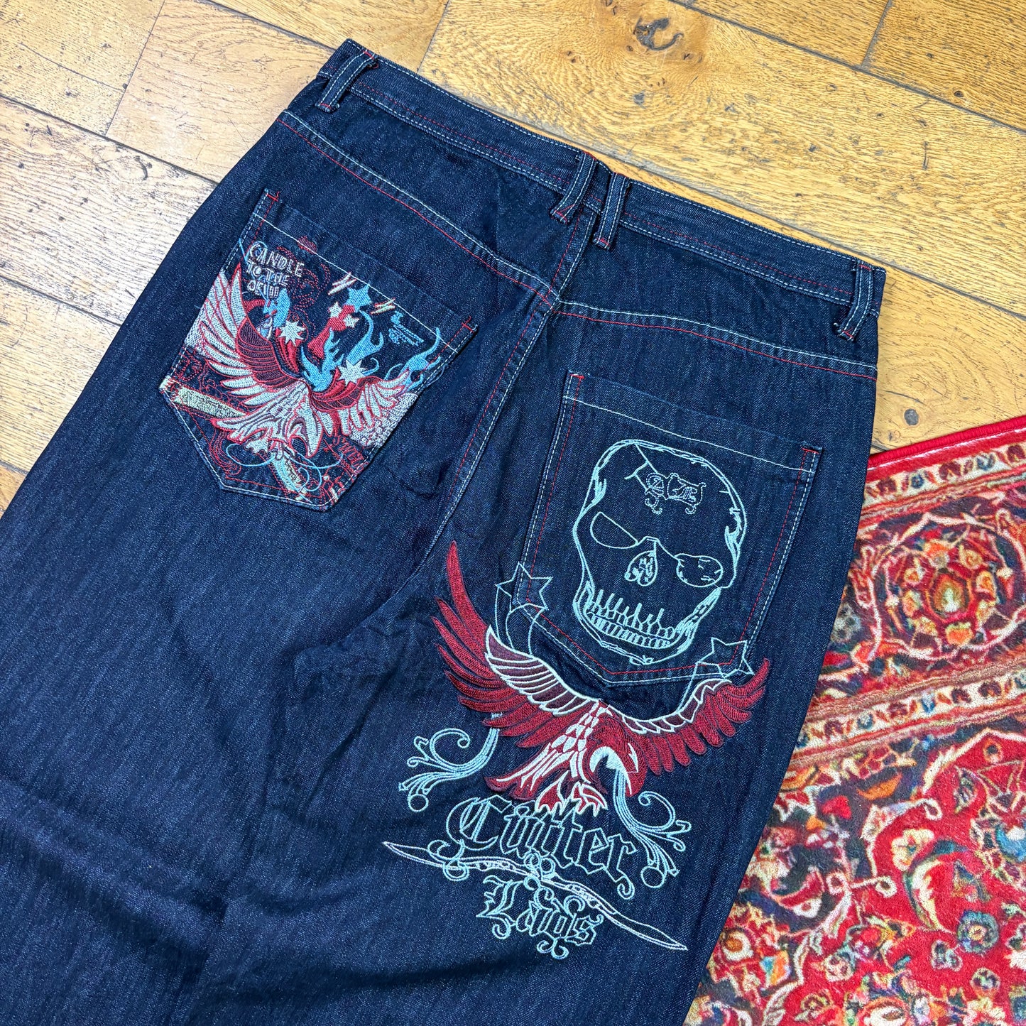 Vintage Blue Skull Embroidered Y2K Hip Hop Baggy Jeans - 34