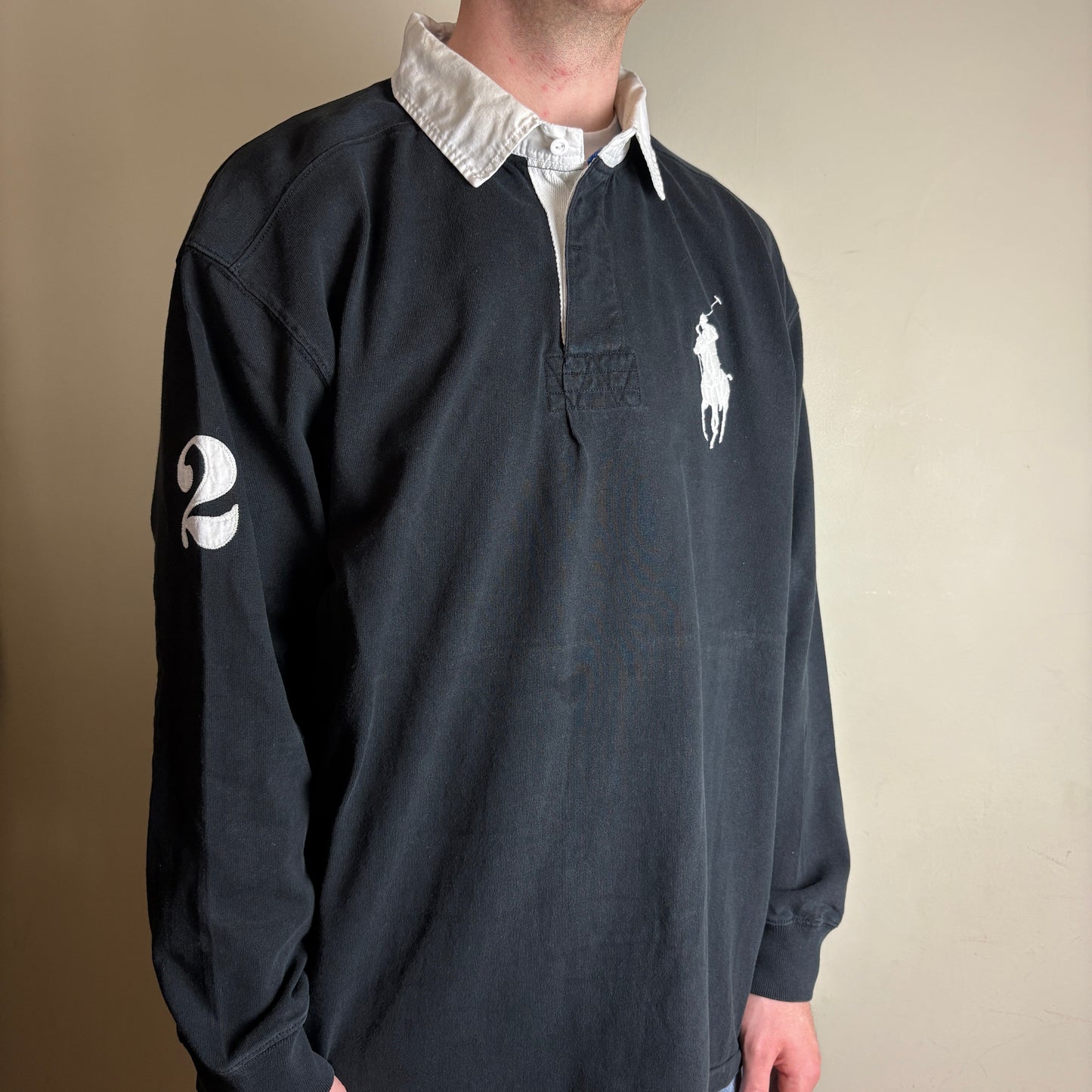 Vintage Ralph Lauren Black Big Pony Long Sleeve Rugby Polo Shirt - 3XL