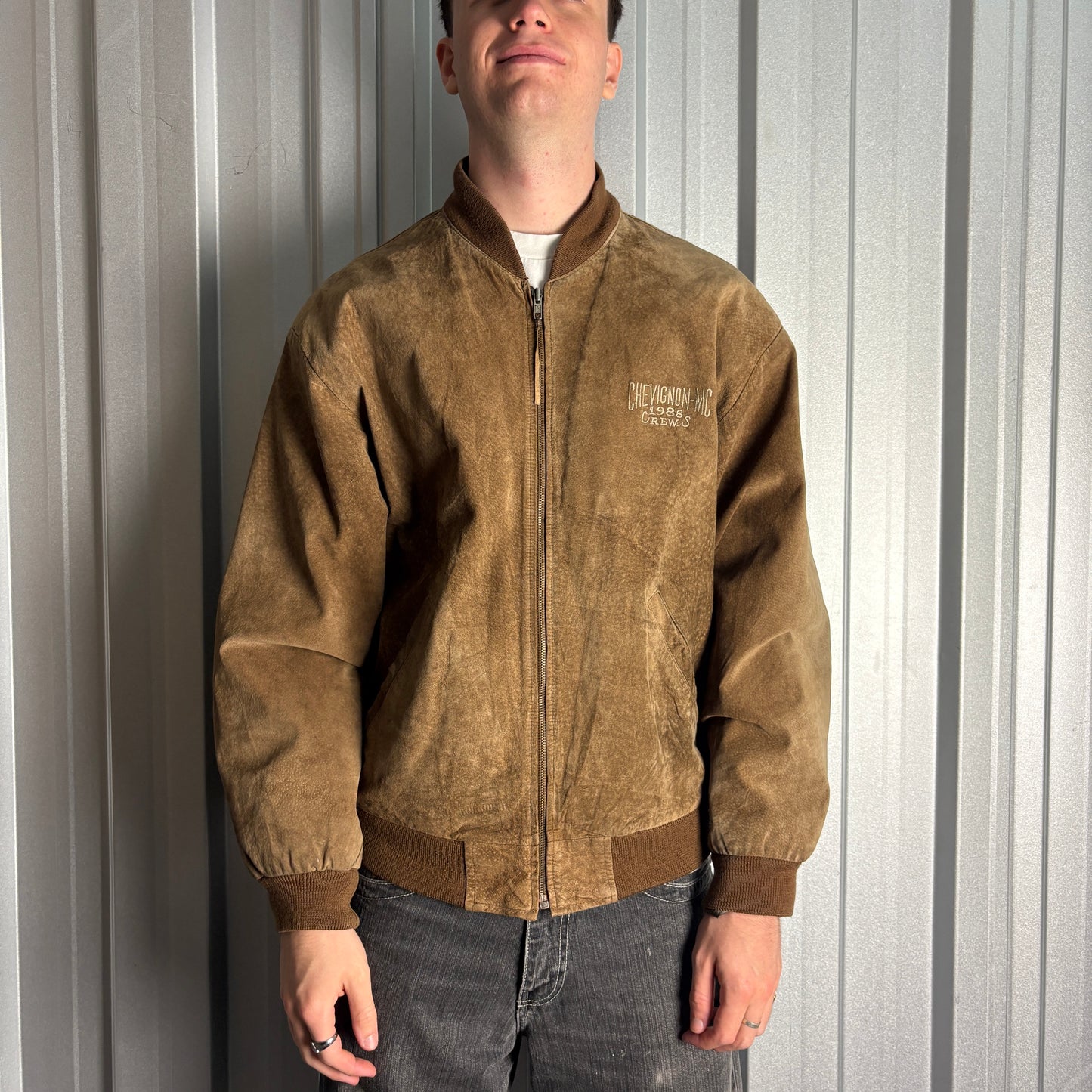 Vintage Chevignon 90s Brown Suede Leather Bomber Jacket - XL