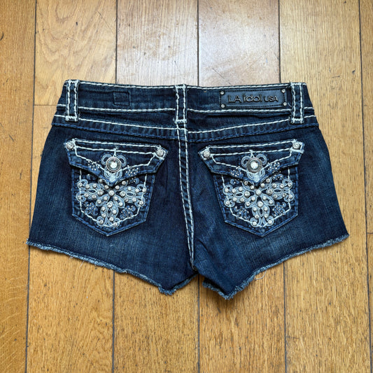 Vintage La Idol Y2K Rhinestone Blue Micro Shorts - Size 8/10