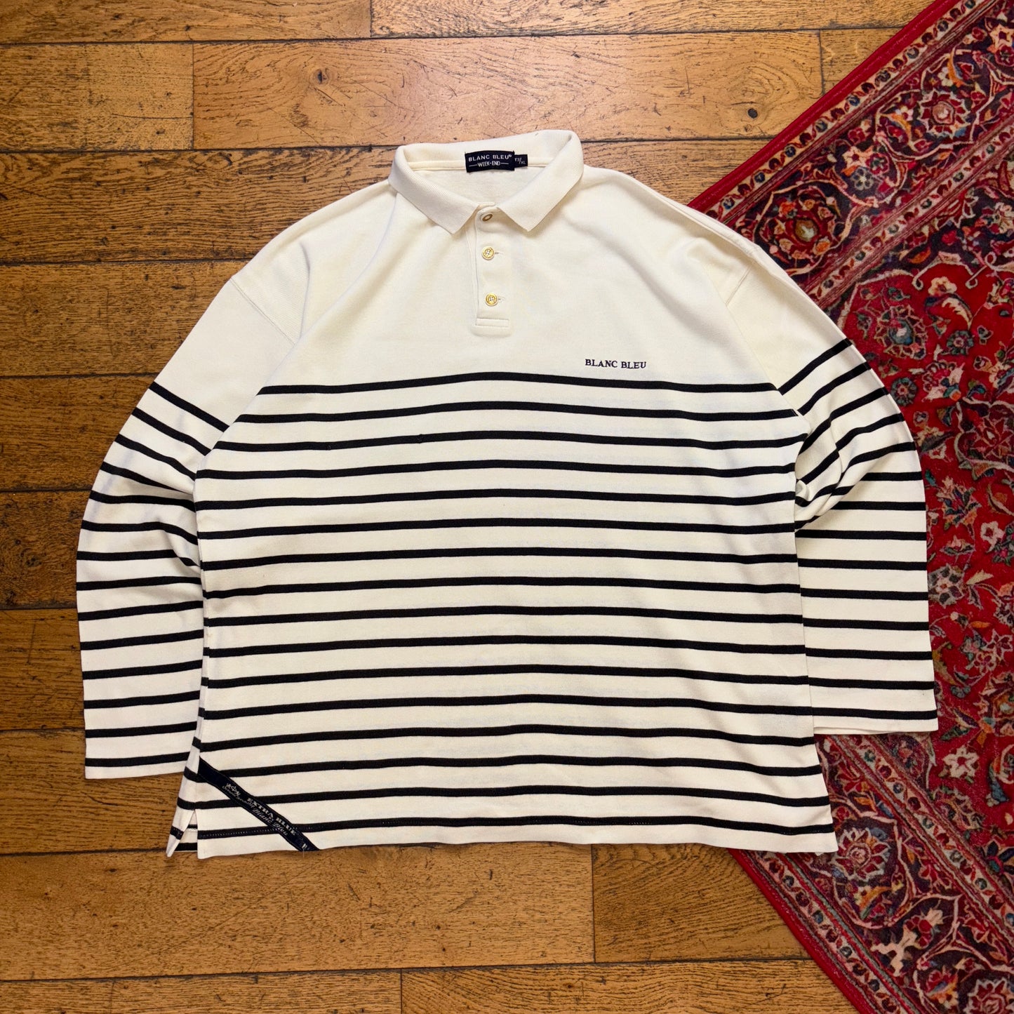 Vintage Cream Navy Stripe Rugby Polo Shirt - XL