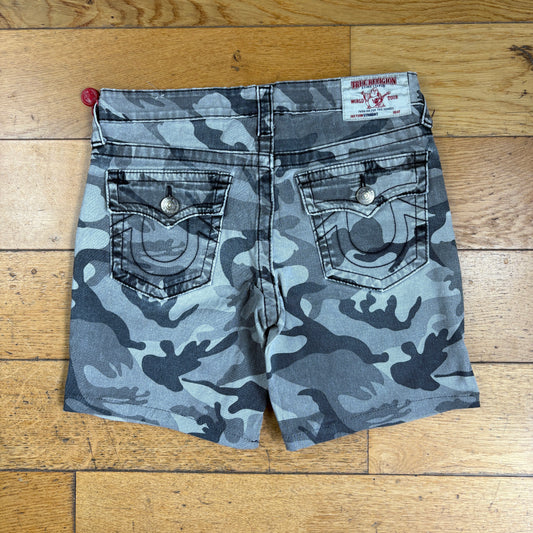Vintage True Religion Grey Camo Womens Embroidered Y2K Shorts Jorts - Size 8
