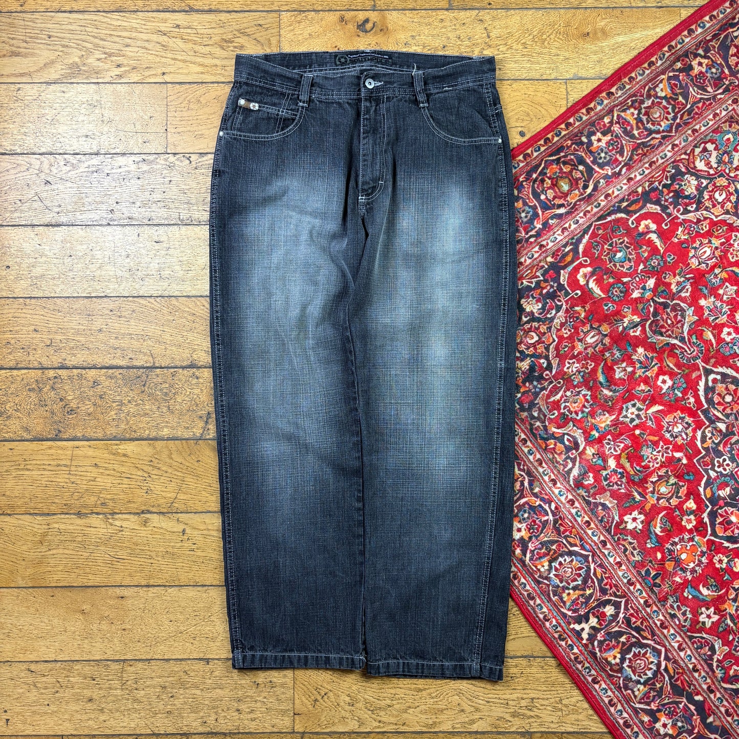 Vintage Southpole Black Embroidered Y2K Hip Hop Baggy Jeans - 36