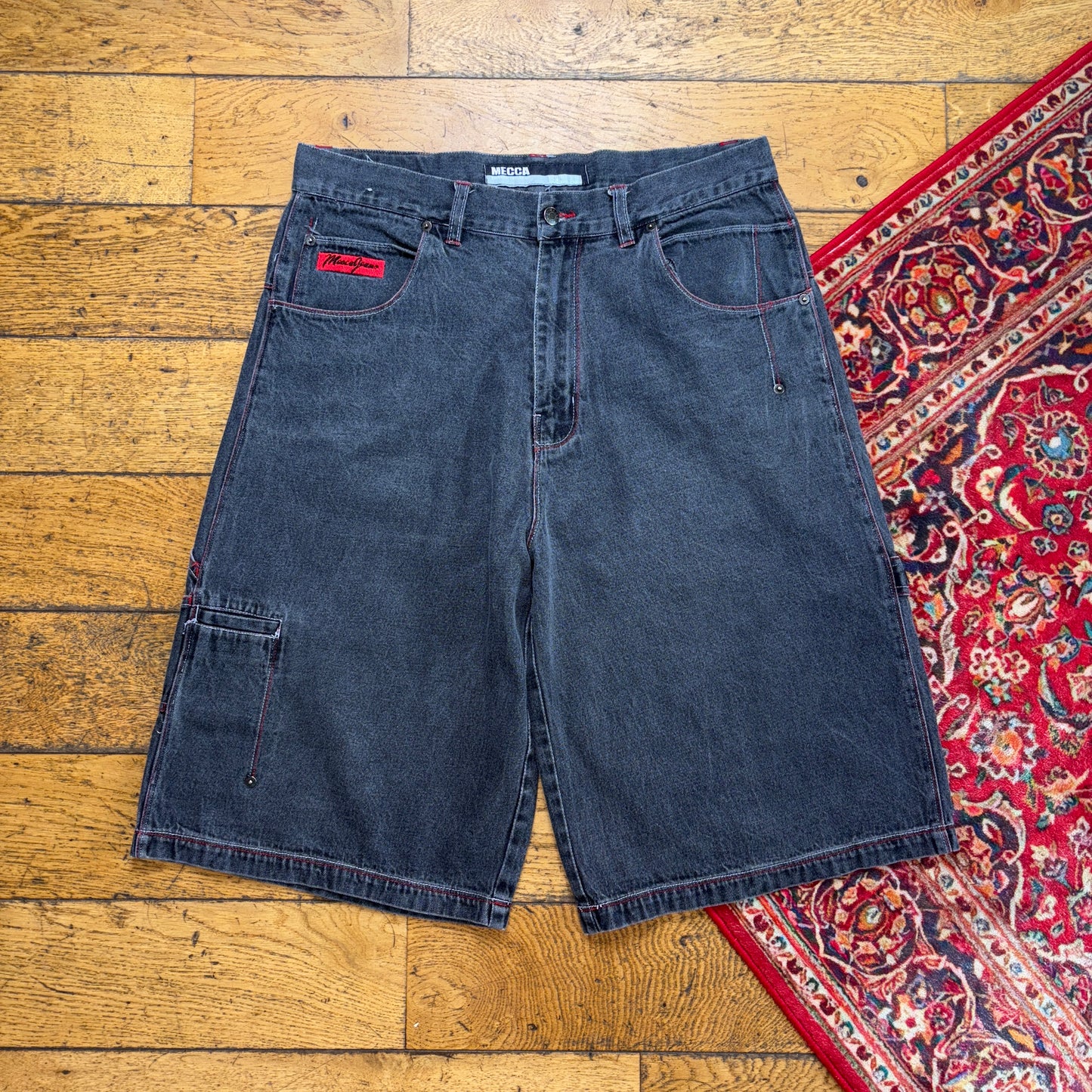 Vintage Mecca Embroidered Black Hip Hop Baggy Shorts Jorts - 34