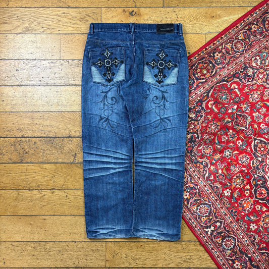 Vintage Raw Blue Embroidered Y2K Hip Hop Baggy Jeans - 36